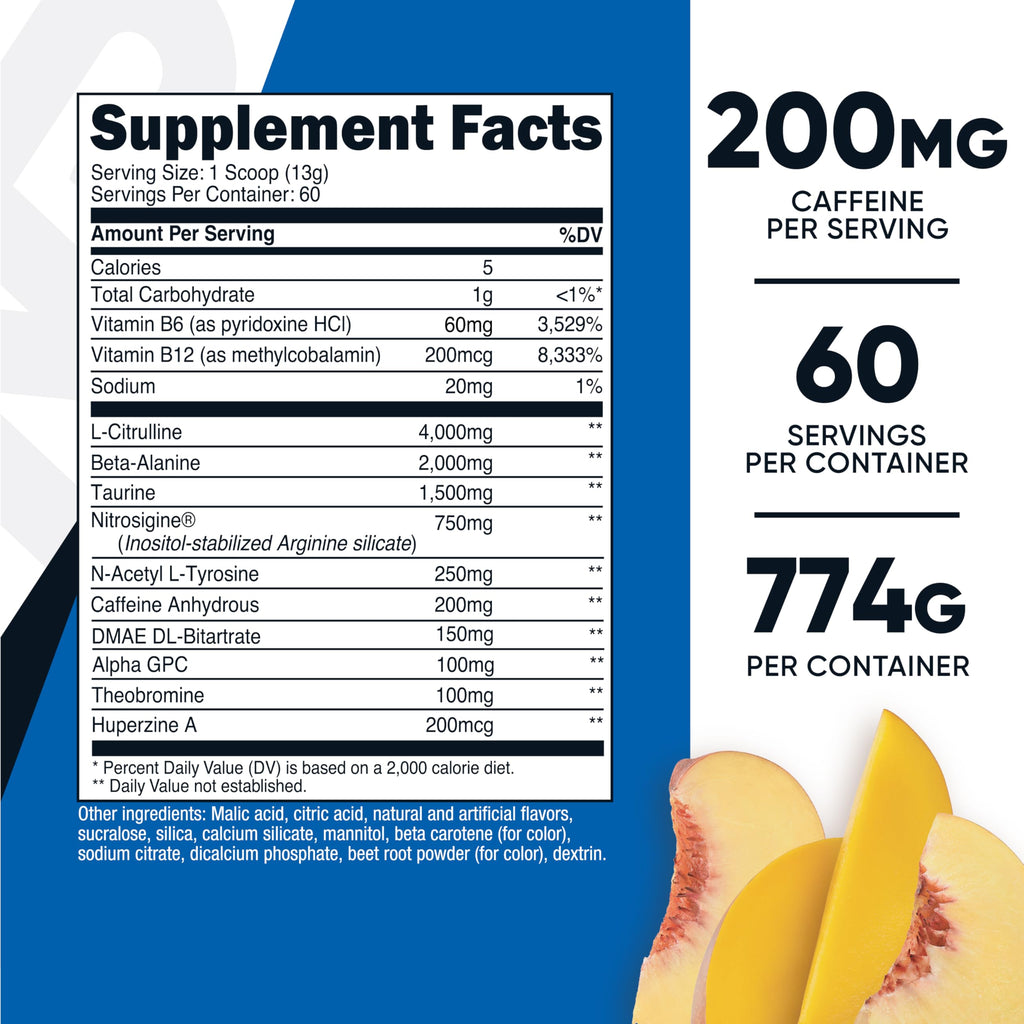 Nutricost Pre-Workout Complex Powder (60 Servings, Peach Mango) - Pre-Workout Supplement with Beta-Alanine, Taurine & Amino Acids