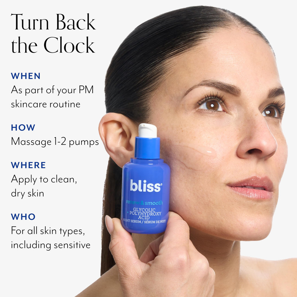 Bliss Glycolic + Polyhydroxy Acid Renew & Smooth - Night Serum - Gently Exfoliate Skin - Hydrating Squalane - Vegan & Cruelty-Free - 1 Fl Oz