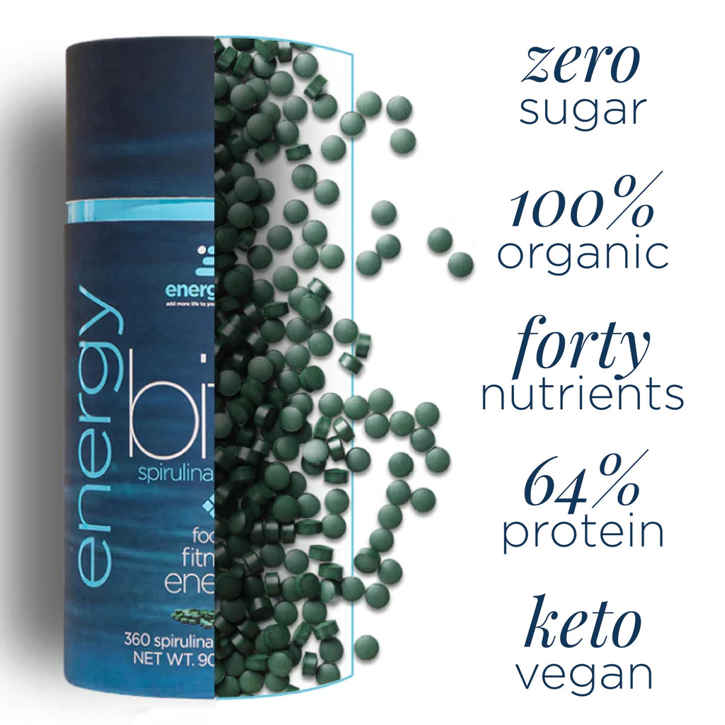 ENERGYBITS - Organic Spirulina Tablets - Plant-Based Algae Superfood - for Focus, Fitness, Energy - Plant Protein - Gluten Free - Collagen, Vitamin B12, Omega 3 - Keto & Vegan - 60 Algae Tablets