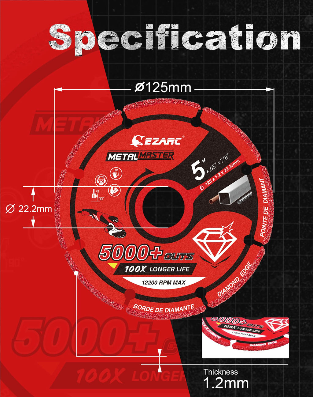 EZARC Diamond Cutting Wheel 5'' x 7/8 Inch for Metal, Cut Off Wheel with 5000+ Cuts on Rebar, Steel, Iron and INOX