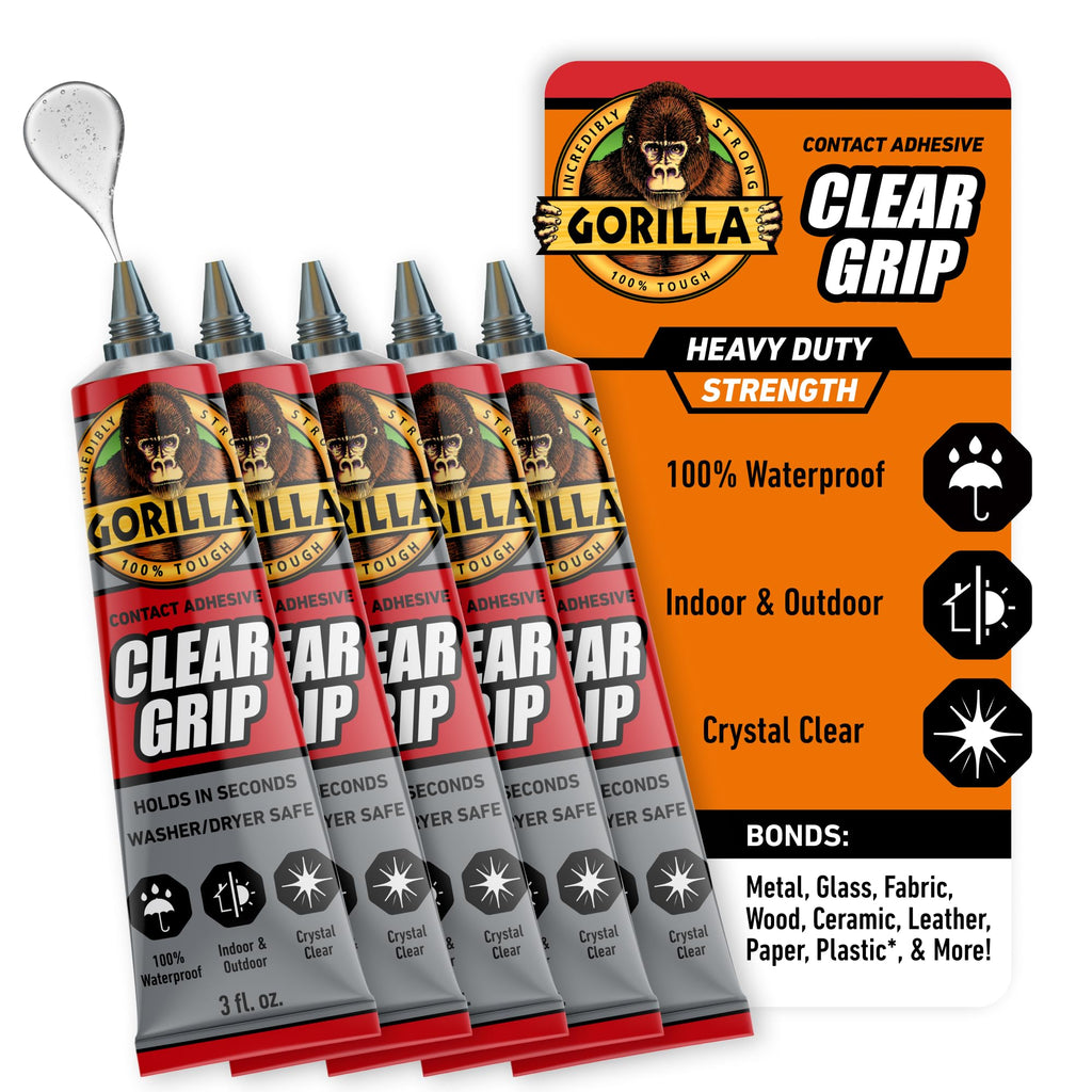 Gorilla Clear Grip Waterproof Contact Adhesive, 3 Ounce Tube, Clear, (Pack of 5)