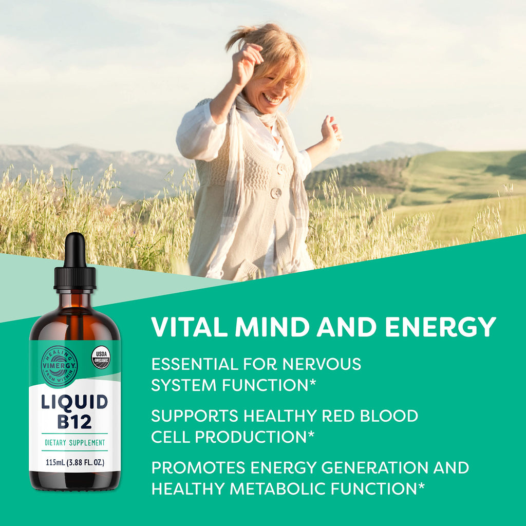 Vimergy USDA Organic Liquid Vitamin B12 Supplement 2500 mcg, Methylcobalamin & Adenosylcobalamin Fast-Absorbing Energy Support, Vegan, Non-GMO B12 Vitamins for Women & Men 115 Serving (115 mL)