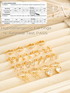 PARIVEA 12 Pairs Small Stud Hoop Earrings Set for Women - 14K Gold Plated Huggie Hoops Hypoallergenic Earring Cute Dainty Flower Heart Stud Earrings for Jewelry Gift, GOLD
