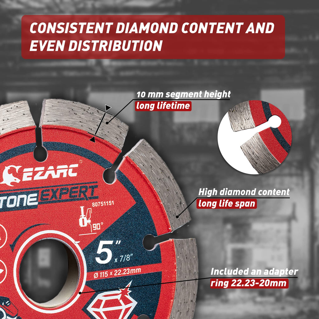 EZARC 5 inch Segmented Diamond Blade, Diamond Cutting Wheel for Angle Grinder Stone Master, 5" Stone Blade for Cutting Concrete Granite Masonry Brick, 7/8"-20mm-5/8 Arbor (2-Pack)