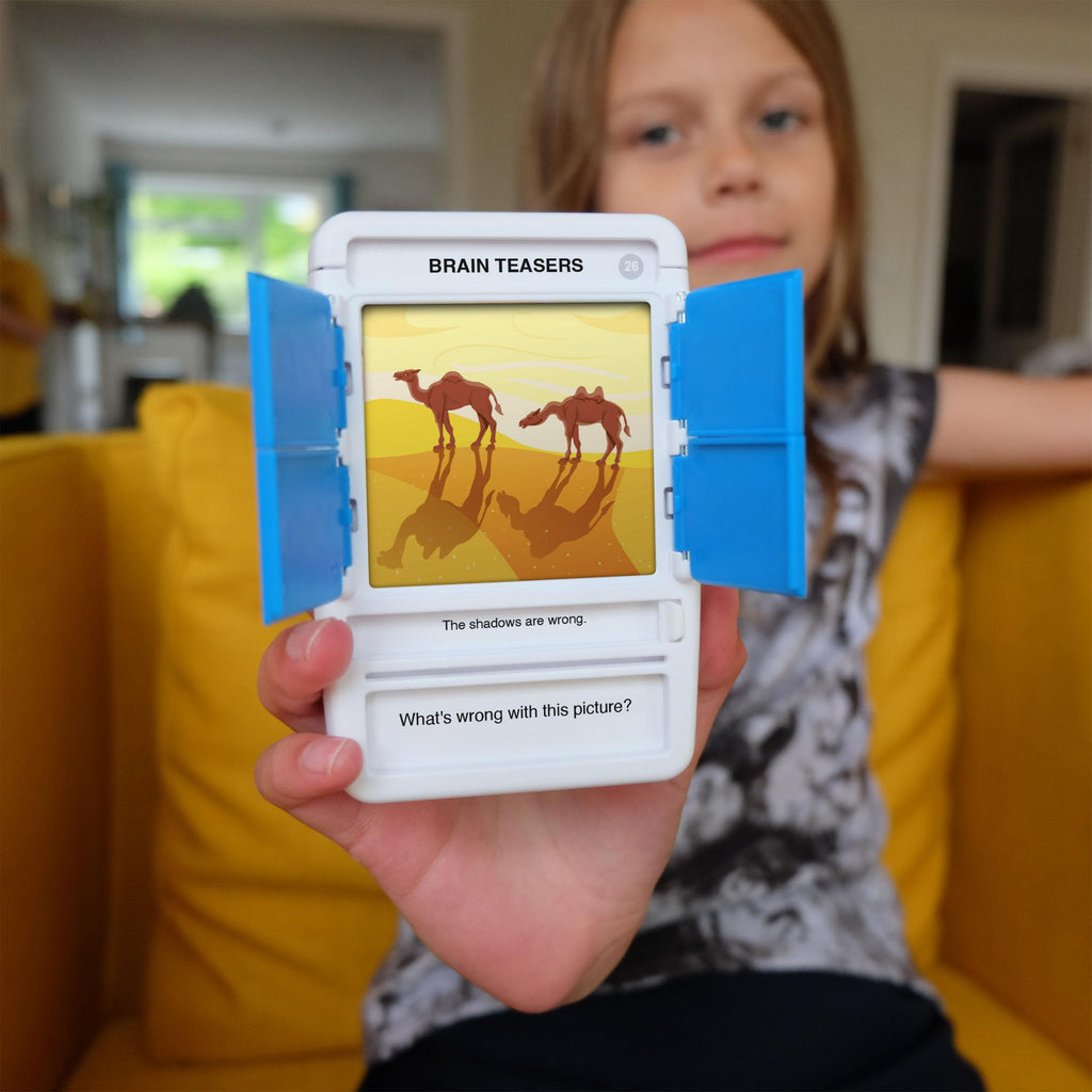 100 PICS Brain Teasers Travel Game - Solve 100 Puzzles | Flash Cards with Slide Reveal Case | Card Game, Gift, Stocking Stuffer | Hours of Fun for Kids and Adults | Age 6+