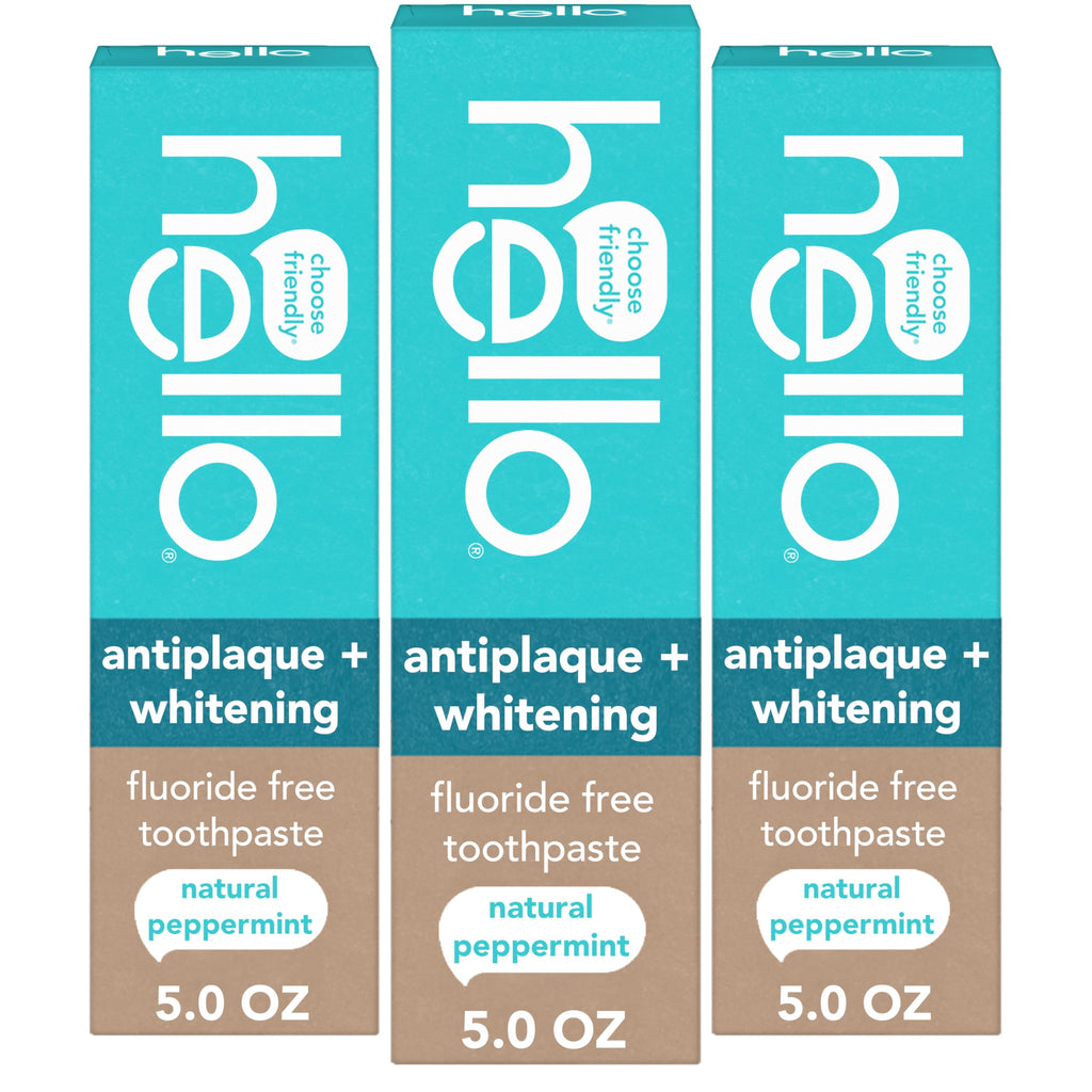Hello Antiplaque and Whitening Fluoride Free Toothpaste, 5 Oz Tube, Whitening Toothpaste with Natural Peppermint Flavor and Tea Tree Oil, Crushes Tartar and Helps Remove Surface Stains, 3 Pack