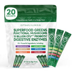 Optimal Human Superfood Greens Powder – 90+ Ingredient Blend with Lion’s Mane Supplement, Ashwagandha & Turmeric – Non-GMO, Soy-Free, Mushroom Supplements – 20 Sachets