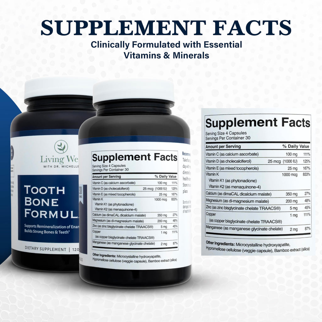 Living Well with Dr. Michelle Tooth & Bone Formula - Supplement with Calcium for Bone Strength & Tooth Enamel Support, D3 + K2, 120 Capsules, Non-GMO, Gluten-Free
