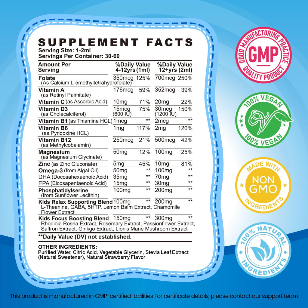Kids Focus and Attention Supplements with Phosphatidylserine, Omega-3, Magnesium Glycinate & L-Theanine, Brain Vitamins Liquid Drops for Kids Memory, Cognitive, Sleep, Calm & Mood, Strawberry, 2 Fl Oz
