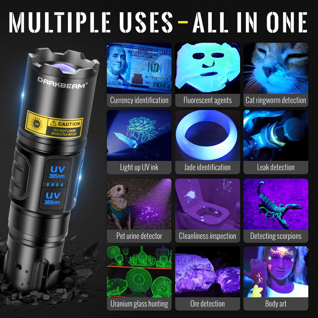 DARKBEAM UV Flashlight 365nm & 395nm Dual Black Light, Blacklight USB Rechargeable LED Ultraviolet Flashlights, Powerful Focusable Woods Lamp Pet Urine Detector, for Uranium Glass, Resin Curing