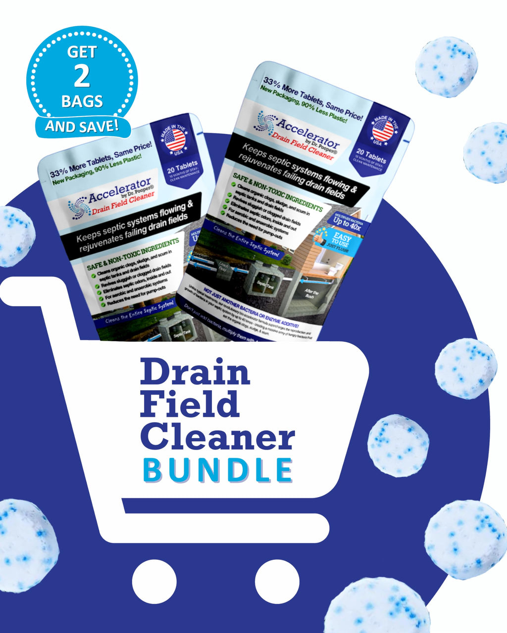 2-Pack Value BUNDLE of Drain Field Cleaner Tablets by Dr Pooper. Clears Septic Tanks and Drain Fields of Tough Clogs, Scum, Sludge AND Eliminates Odors FAST - Aerobic & Anaerobic Systems, Just Flush