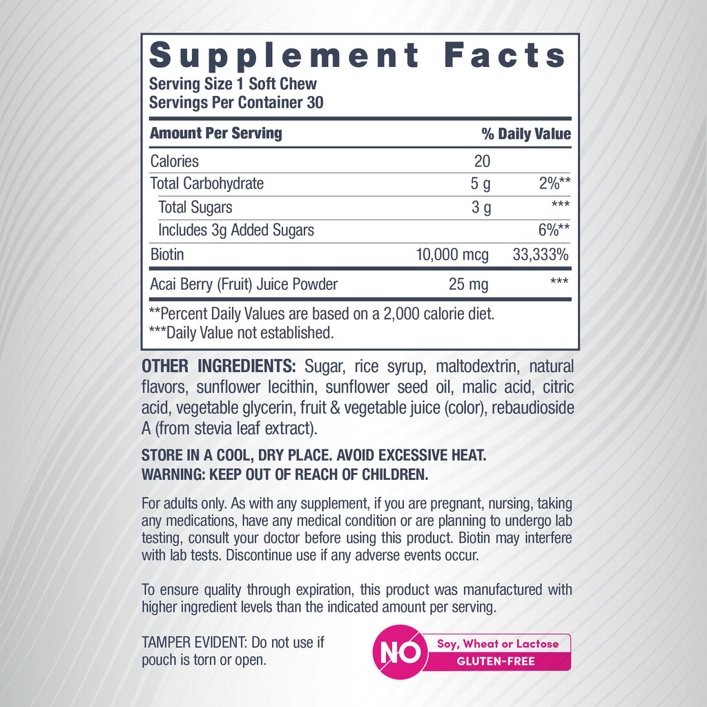 NeoCell Biotin Beauty Soft Chews | 30 Chewables | 10000mcg | Hair, Skin & Nails | Acai Berry Flavor