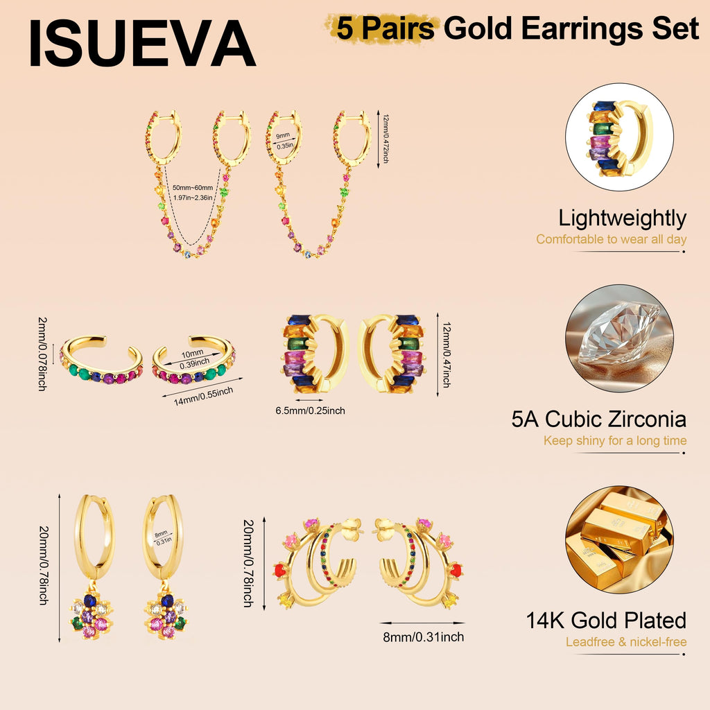 ISUEVA 14K Gold Silver Zircon Colorful Earrings For Women Earring Stacks