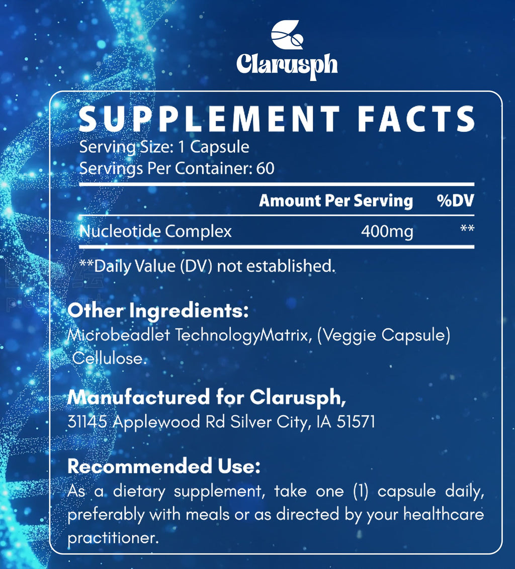 Clarusph Immunity* Supplement, Immune* Nucleotide Complex Blend 400mg Including AMP, CMP, GMP, UMP, Nucleo Immune*, 120 Capsules
