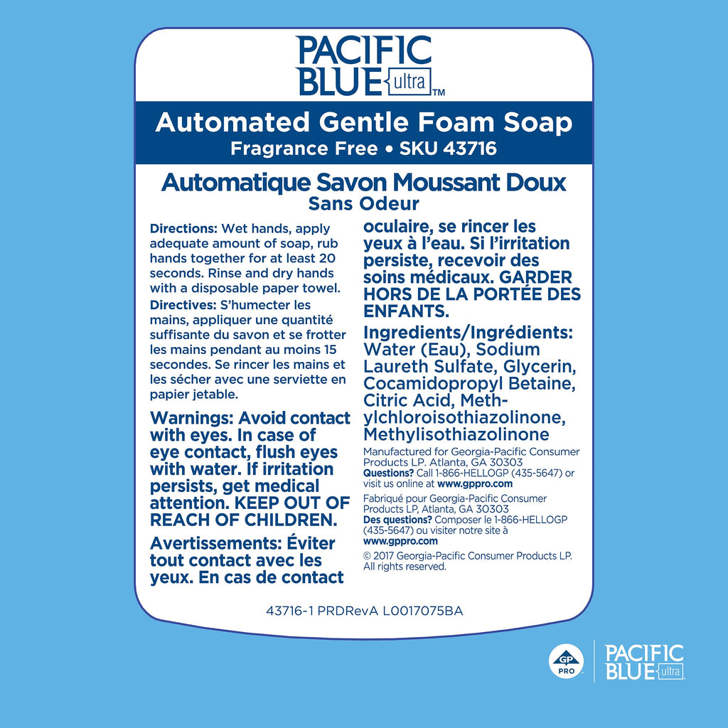 Pacific Blue Ultra Gentle Foam Hand Soap Refill (43716), Compatible Only With Pacific Blue Ultra Automated Touchless Dispenser, Dye and Fragrance Free, 40.5 FL OZ Per Refill, 3 Refills Per Case