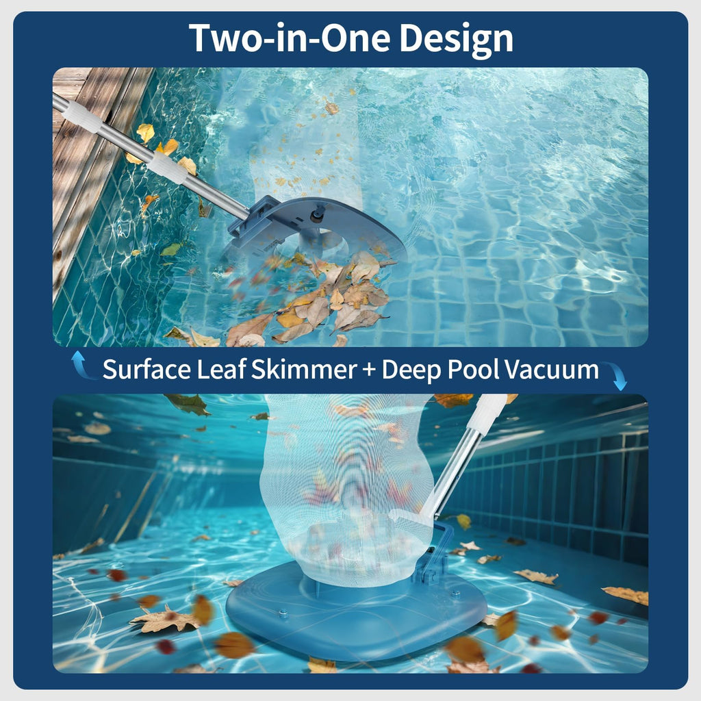 Rechargeable Pool Leaf Vacuum with Telescopic Pole, 83GPM Powerful Suction– Cordless Pool Skimmer for Inground & Above Ground Pools with 6.6Gal Leaf Catcher Bag for Heavy Debris Areas
