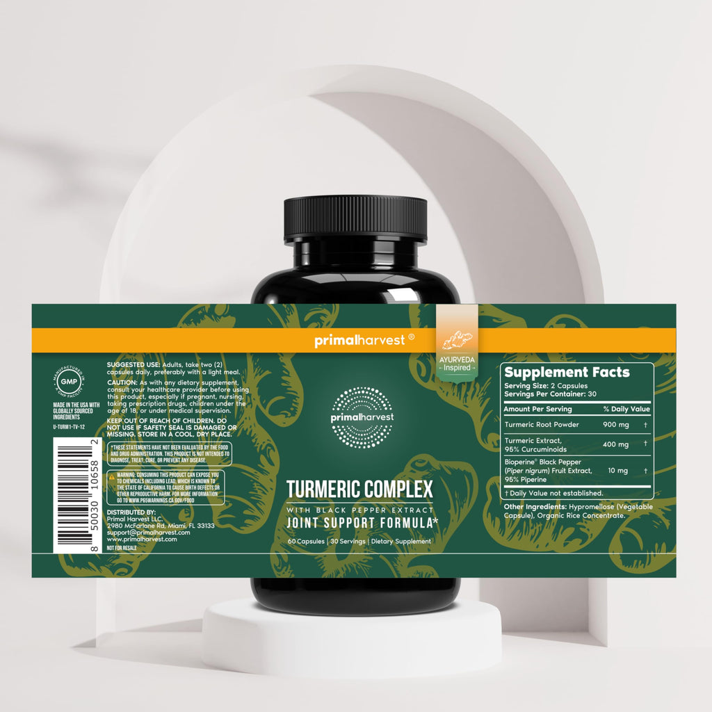 Primal Harvest 1 Pack, Primal Turmeric Complex w/Black Pepper Extract, Joint and Mobility Support Turmeric Supplement for Women & Men, 60 Capsules