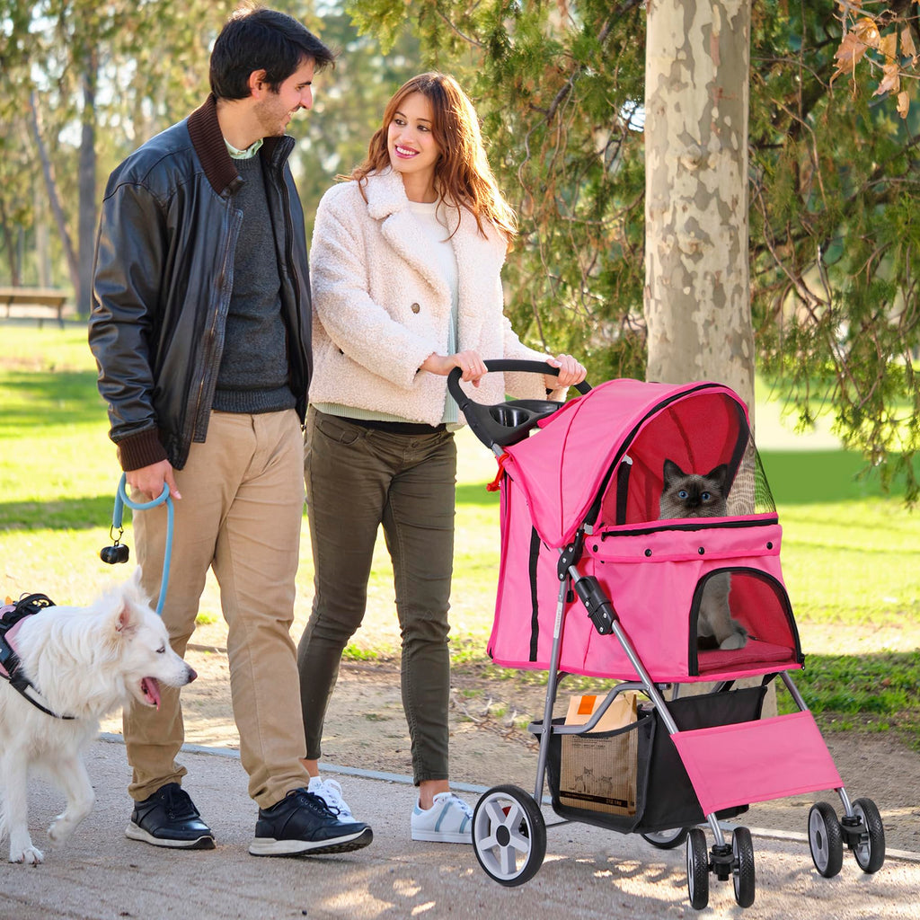 LEMY Foldable Pet Stroller,4 Wheels Cat/Dog Stroller with Weather Cover for Small/Medium Dogs and Cats,Pink Pet Strolling Cart with Storage Basket and Cup Holder