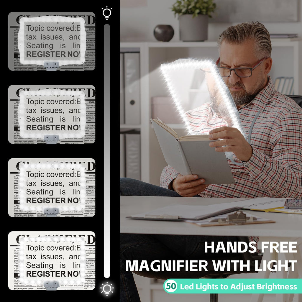 Large Hands Free Magnifying Glass with Light 50 Ultra-Bright LEDs Neck Magnifying Glass with Light Horizontal and Vertical Viewing with Flexible Gooseneck for Reading Sewing Repair Seniors Beading