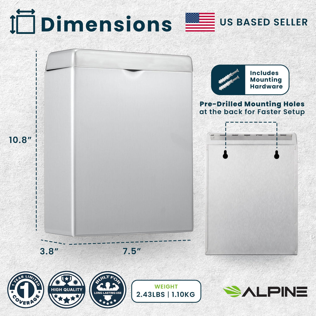 Alpine Sanitary Napkin Receptacle – Wall Mounted Tampon Holder For Bathroom Provides Clean & Odor-Free Restroom for Home, Office & Public Restrooms (Stainless steel)