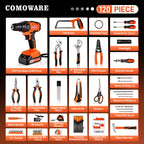 COMOWARE Household Tool Set with 20V Cordless Drill Driver, 120Pcs Hand Tool Kit for Men, Power Drill Set with Plastic Toolbox, Ideal for Office, Garden, DIY Project