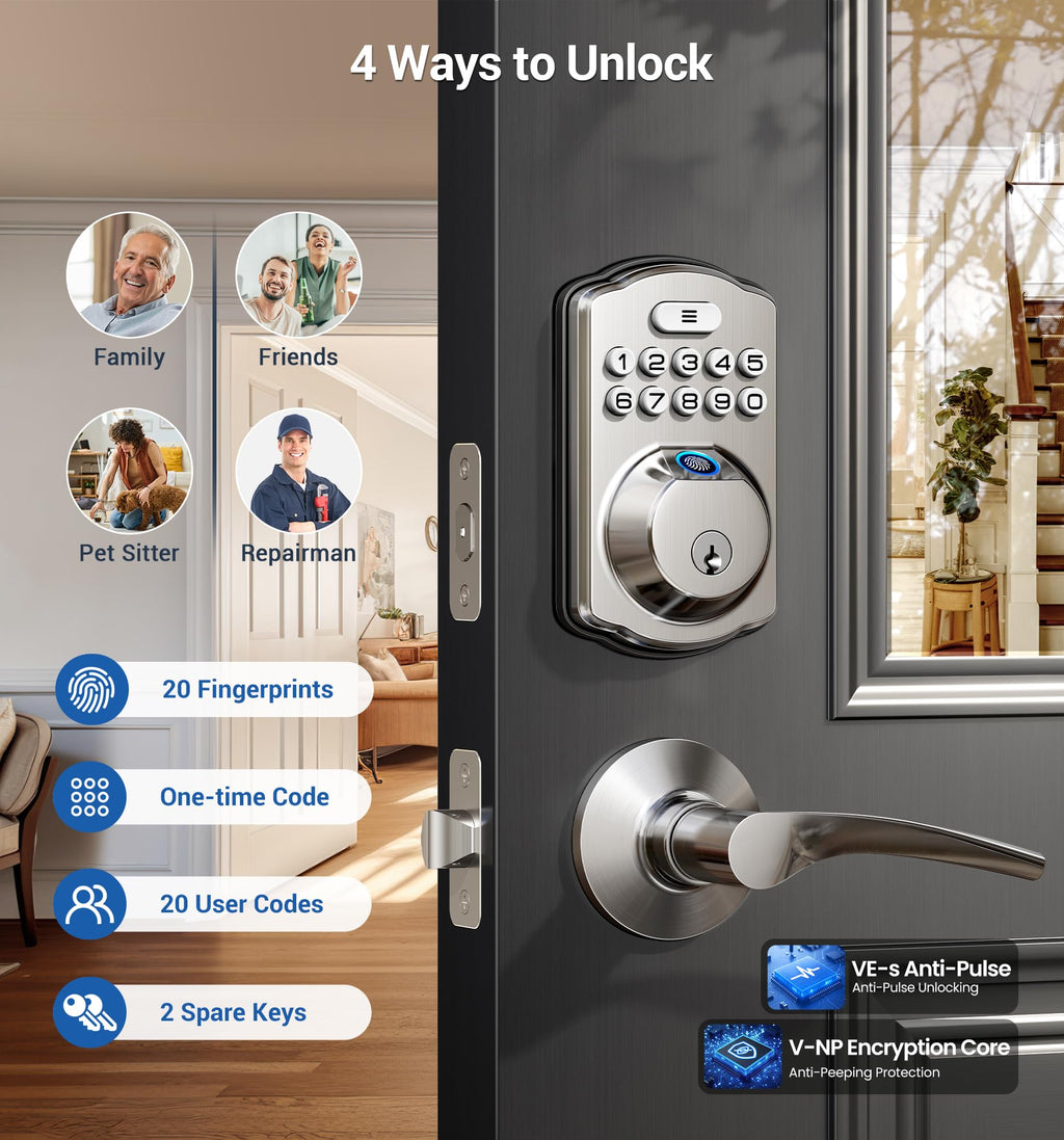 Veise Fingerprint Door Lock with 2 Lever Handles - Keyless Entry Door Lock, Electronic Keypad Deadbolt, Digital Smart Code & Front Handle Sets, Auto-Locking, Easy Installation, Satin Nickel