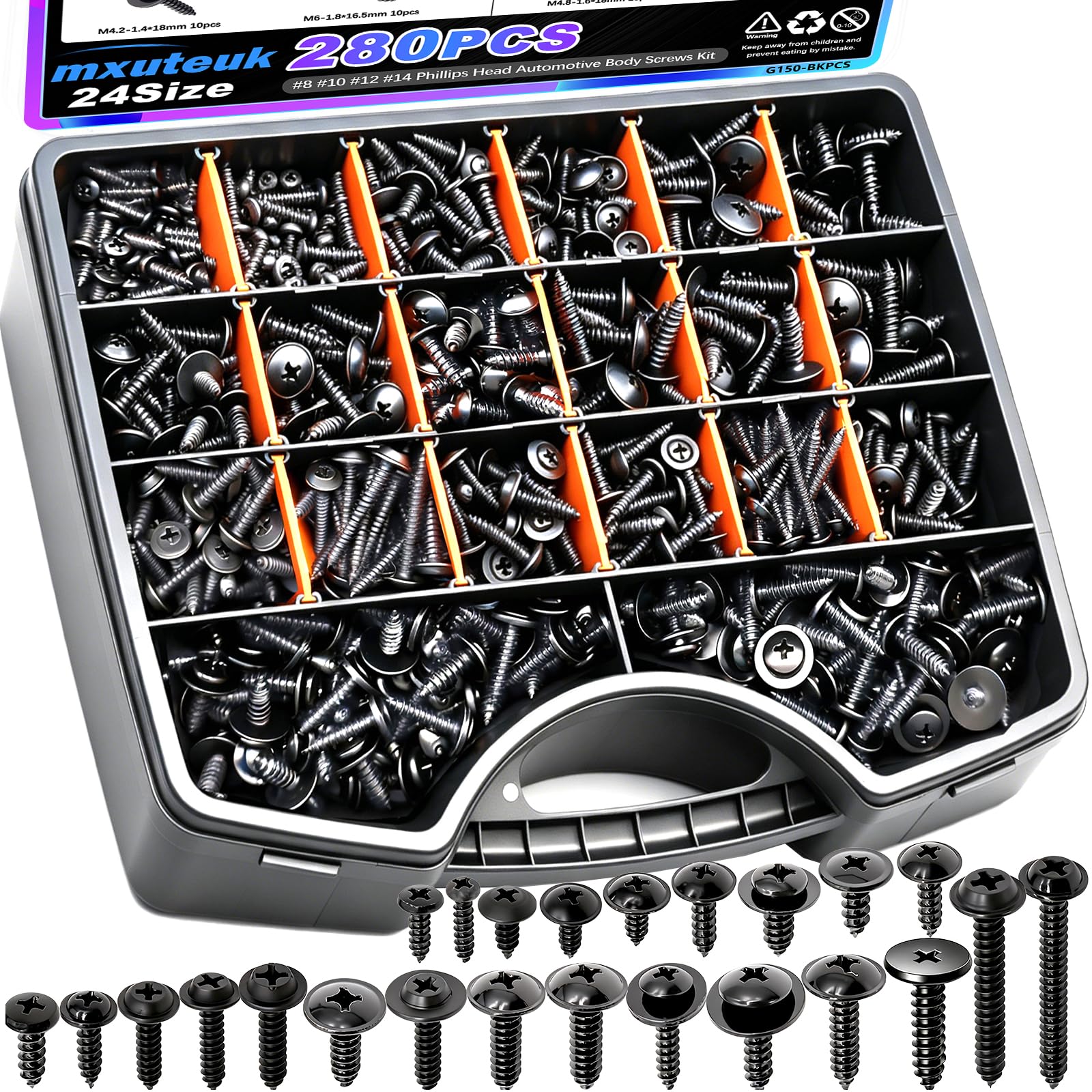 mxuteuk 280PCS Automotive Screws Kit,#8#10#12#14 Phillips Head Automotive Body Self Tapping Screws(24 Size)