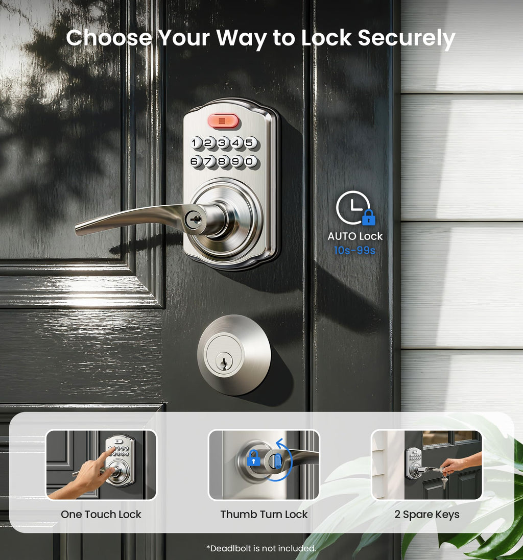 Veise Keypad Door Lock with Handle, Keyless Entry for Front Door & Bedroom, Electronic Lock with Code, Auto-Locking, Easy Installation, Passage Mode, Satin Nickel