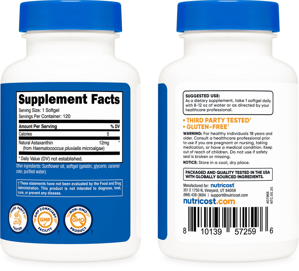Nutricost Astaxanthin 12mg, Non-GMO and Gluten Free, 120 Softgels (4 Month Supply)