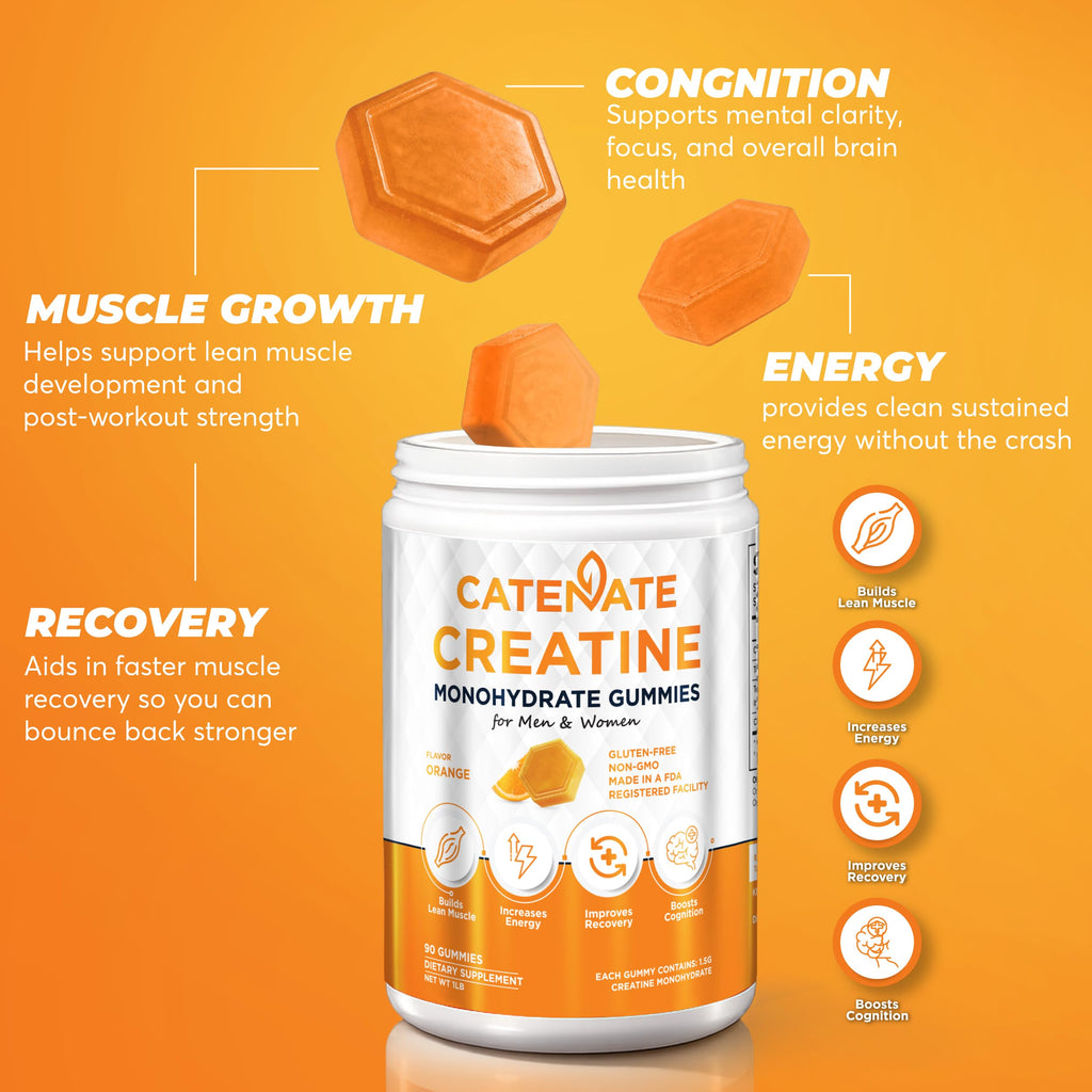 CATENATE Creatine Gummies for Women & Men, 4500MG Creatine Monohydrate Gummies, Great Taste, Muscle Strength, Endurance & Recovery Support, Vegan, Gluten-Free, Non-GMO, 90 Count (Orange)