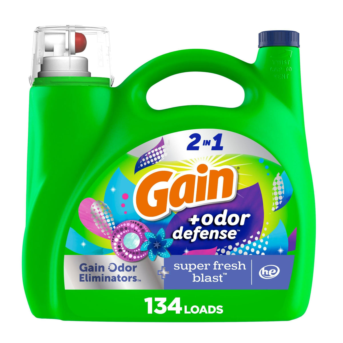 Gain Odor Defense Liquid Laundry Detergent, Super Fresh Blast Scent, 194 fl oz, 134 loads, 2 in 1, Laundry Detergent Liquid Soap, HE compatible