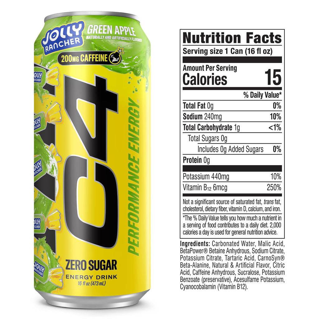 C4 Performance Energy Drink, Zero Sugar, Jolly Rancher Green Apple, 12pk