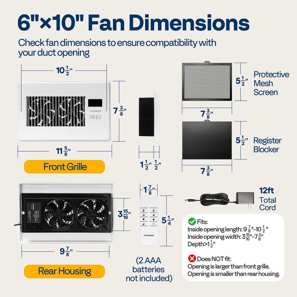 VIVOHOME Quiet Register Booster Fan with Opening 6" x 10" - Smart Thermostat, 10-Speed Control, Removable Dust-proof Mesh & Register Blocker, White