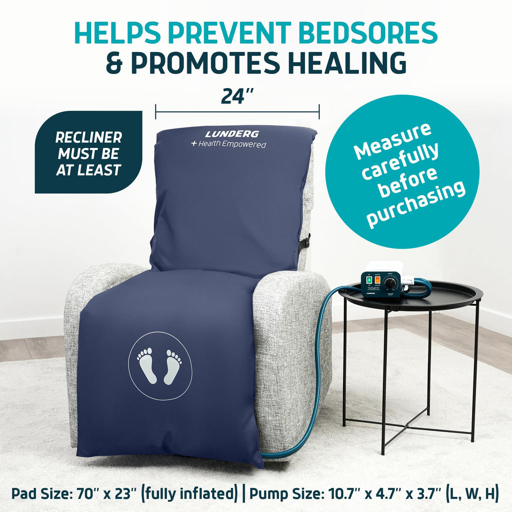 Lunderg Alternating Air Pressure Pad for Recliner Chair - Pressure Relief Cushion Topper for Recliner - Bed Sore Prevention - Medical Grade Mattress Pad, Cover & Quiet Pump - Home or Hospital (Blue)