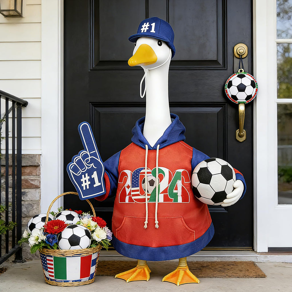 APHIUFR Soccer Themed Porch Goose Outfits,2 Pcs Adorable Goose Clothes Set with Hat,Ball & Foam Finger,Fits 23" Lawn Goose Statue Game Day Goose Costume for Garden Patio Yard Outdoor Decor