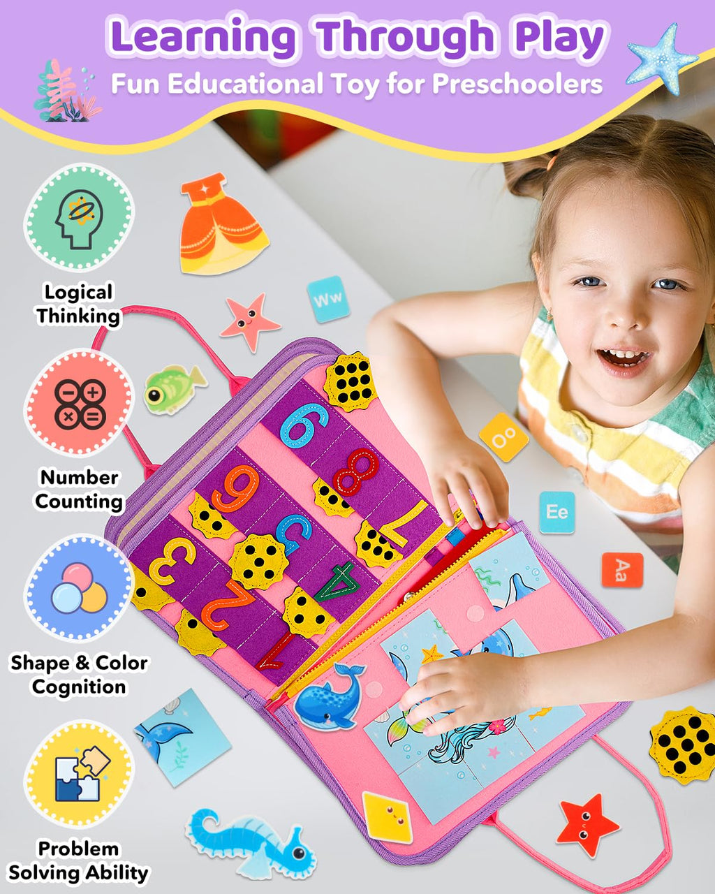 SaFeli Toddler Busy Board, Montessori Toys for 1 2 3 Year Old Girl Birthday Gifts - Educational Busy Book, Kids Sensory Toy, Preschool Learning Activities and Travel Toys for Toddlers 1-3 2-4
