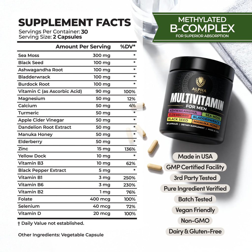 Alpha Tribe Multivitamin for Men with Seamoss Black Seed Oil Ashwagandha Burdock Root, Turmeric Bladderwrack, Vitamin C, Elderberry, Manuka, Yellow Dock | Daily Men's Vitamins and Minerals Supplement