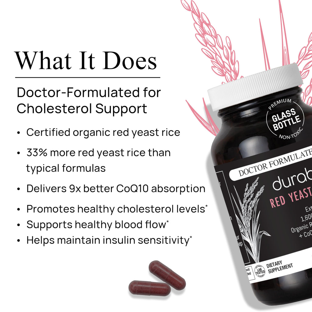 Durable RED Yeast Rice – Organic 1,600 mg Extra Strength + CoQ10 Phytosome – Supports Healthy Cholesterol, Heart, Lipids & Circulation – Doctor Formulated, Non-GMO, Vegan, Made in USA (60 Capsules).