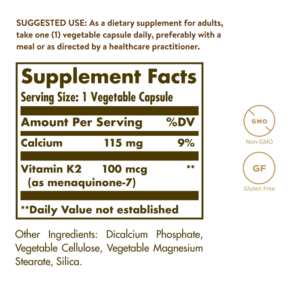 Solgar Naturally Sourced Vitamin K2 (MK-7) 100 mcg - 50 Vegetable Capsules - Supports Bone Health - Whole Food Source from Natto Extract - Non-GMO, Gluten Free - 50 Total Servings