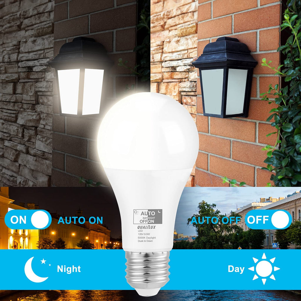 Qualilux Dusk to Dawn Light Bulbs 4000K Cool White (Neutral White), 850LM, 60W Equivalent, LED 9.5W, A19, E26 Base, 4-Pack, HQ-H014