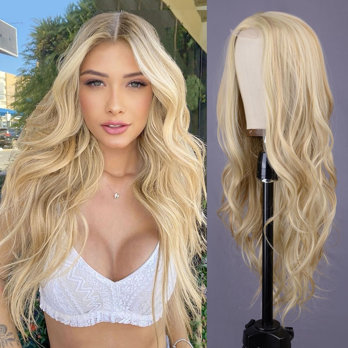 Aida ble Long Wavy Blonde Wig for Women 26 Inch Middle Part Synthetic Wig