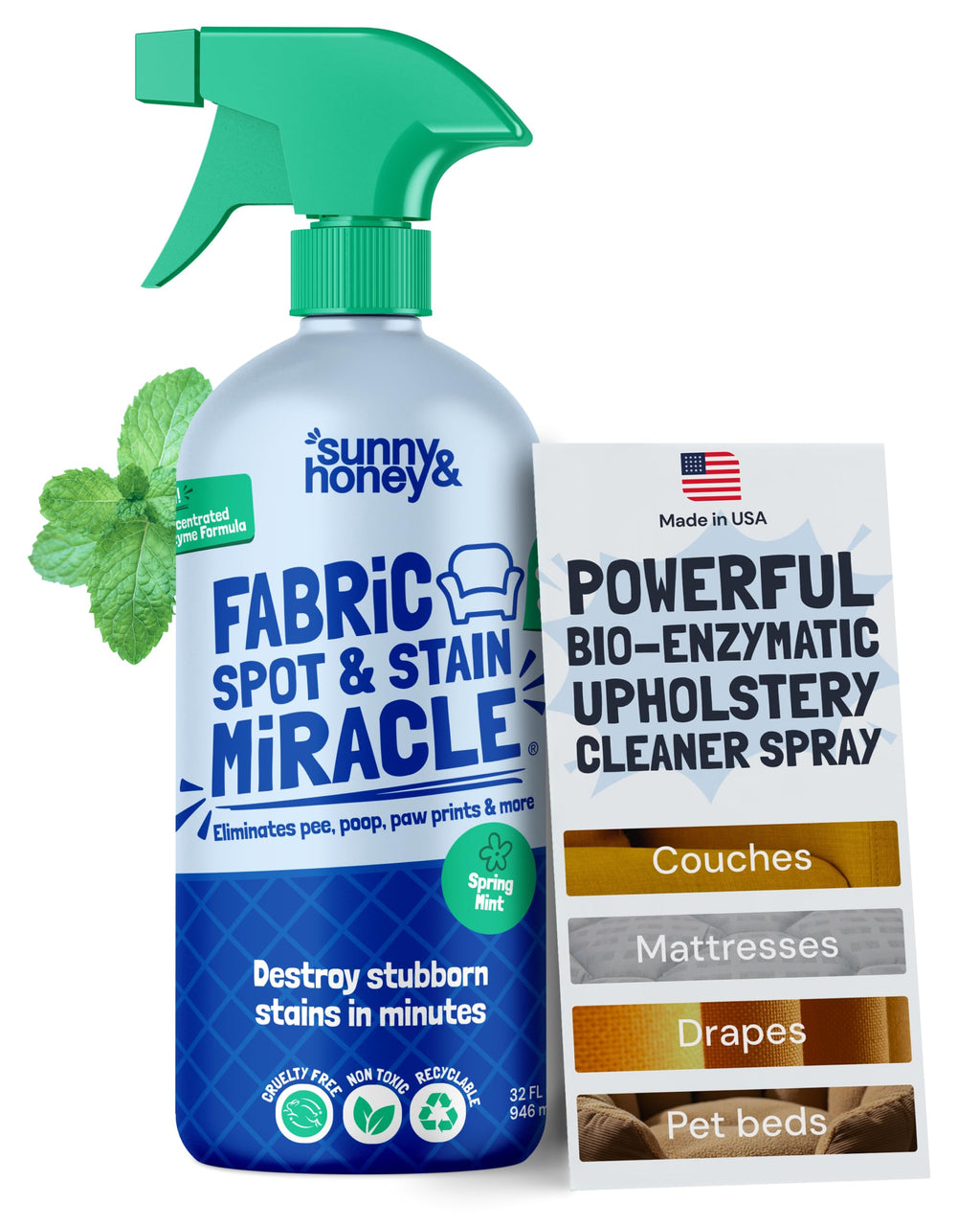 Sunny & Honey Upholstery Cleaner Spray - No Discoloration - Pet & Kid Safe Stain Remover - Multi-Surface Furniture & Sofa Cleaner Spray - Fast-Drying Pet Stain Remover (32 fl oz, Mint)