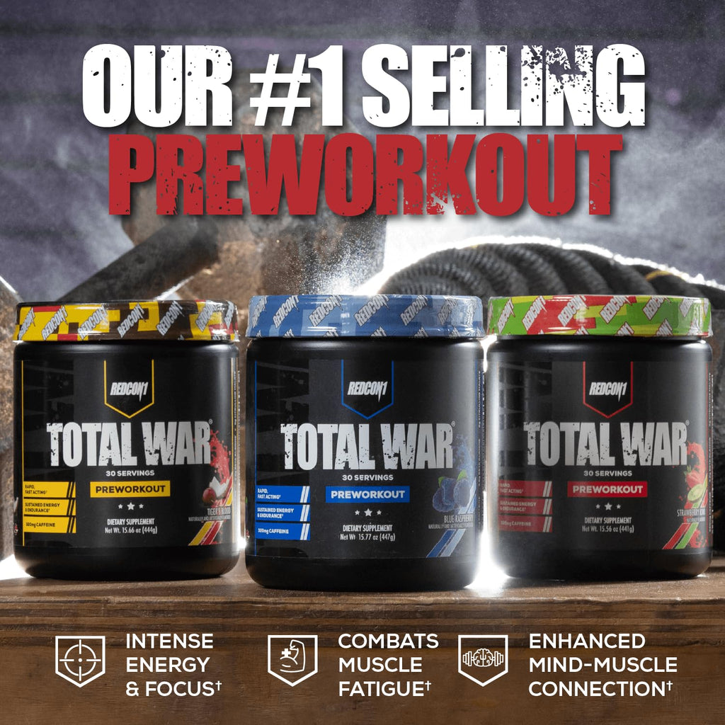 REDCON1 Total War Pre Workout, Tiger's Blood - Pump, Endurance & Energy Boosting Workout Supplement - Caffeinated Pre Workout with Taurine, Green Tea + Di Caffeine Malate (15 Servings)