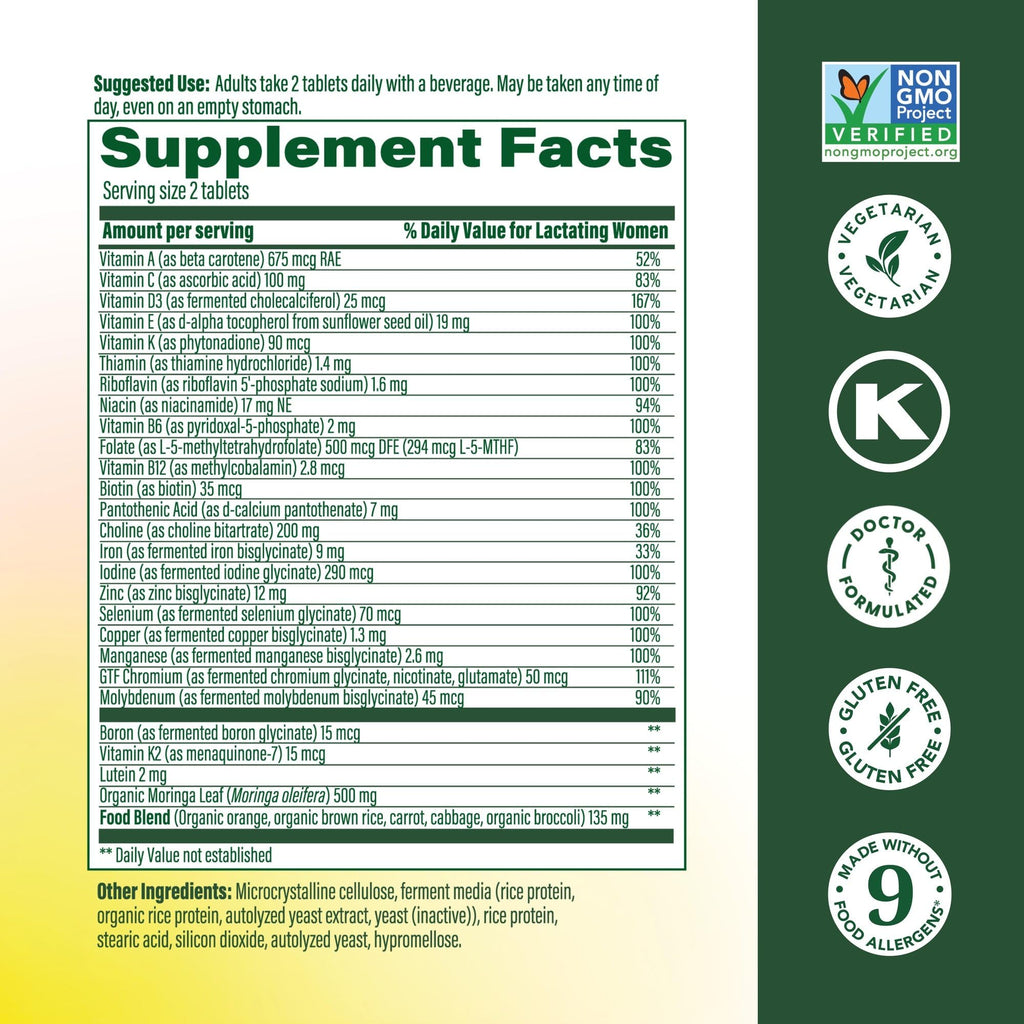 MegaFood Baby & Me 2 Postnatal Vitamins for Women Breastfeeding with Folate (Folic Acid Natural Form), Choline, Iodine, Vitamin D, Moringa Leaf and More - 60 Tabs (30 Servings)