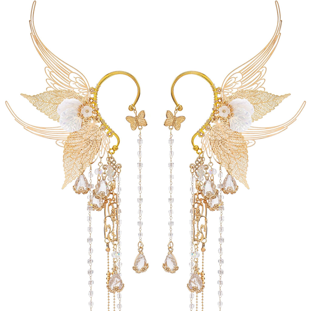 Renaissance Fairy Elf Ear Cuffs - Gold Mermaid Ears Elven Ear Cuffs with Tassel Butterfly Ear Wrap Earrings Non Piercing Earrings for Women Renfaire Halloween Christmas Dress Up Cosplay Accessories