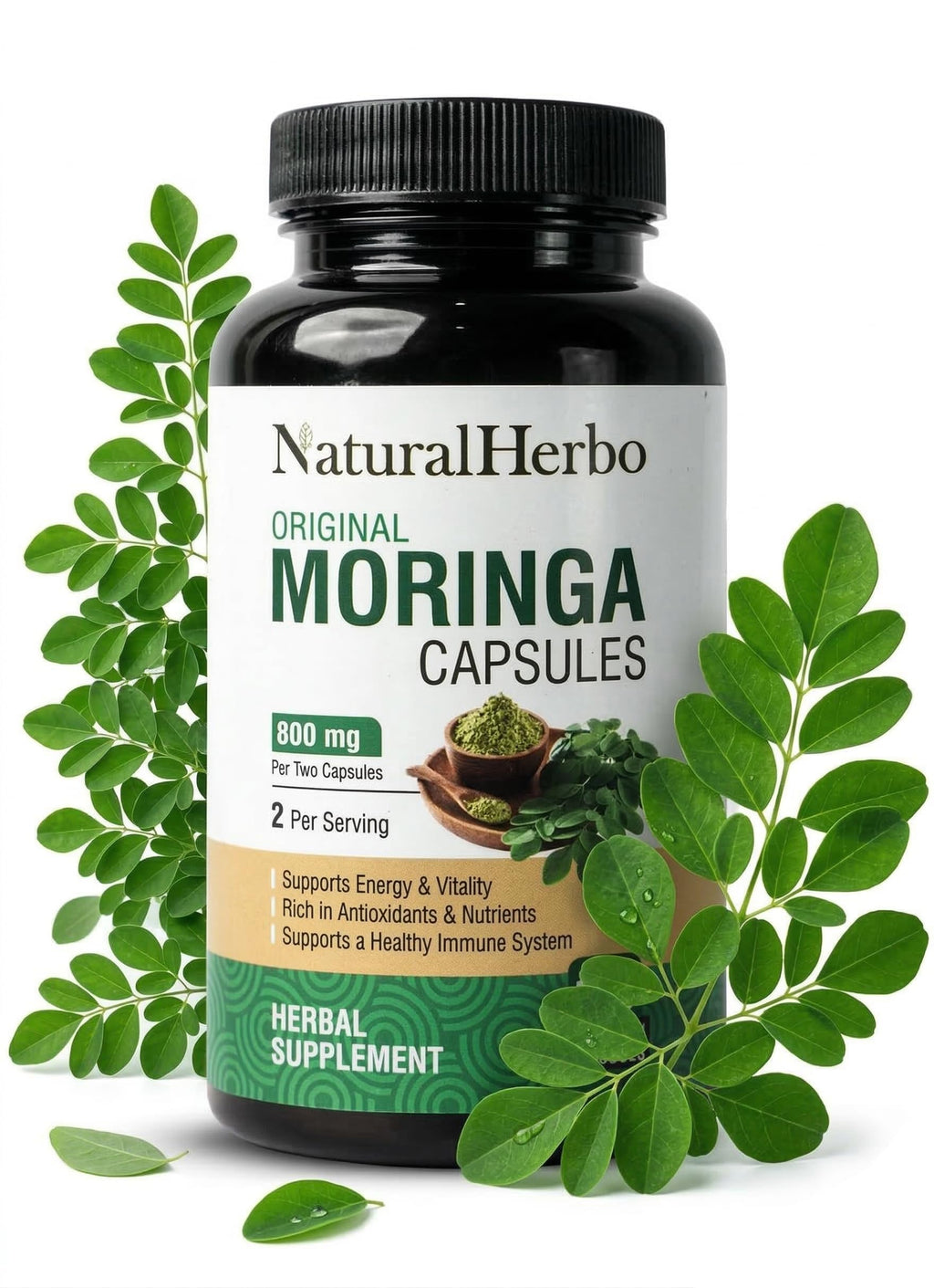 NaturalHerbo Pure Moringa Capsules - Pure Moringa Leaf Extract for Natural Energy, Digestion & Daily Wellness | Green Superfood Supplement | Vegan, Non-GMO, Gluten-Free | 120 Capsules (800mg)
