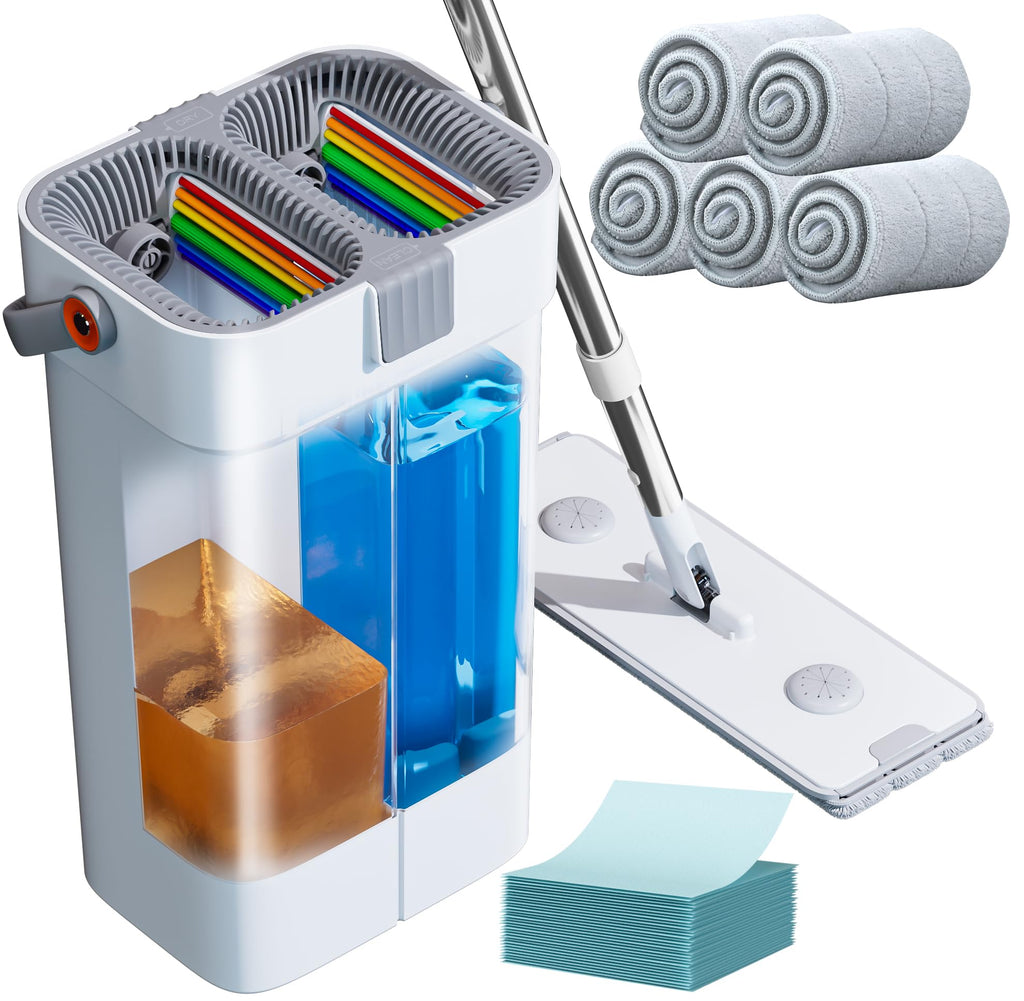 POPMOP Mop and Bucket Set, Flat Mop and Bucket System, Mop Bucket with Wringer, Wall Mop with Adjustable Handle (Max 61 Inches), 5 Washable Microfiber Mop Pads