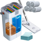 POPMOP Mop and Bucket Set, Flat Mop and Bucket System, Mop Bucket with Wringer, Wall Mop with Adjustable Handle (Max 61 Inches), 5 Washable Microfiber Mop Pads