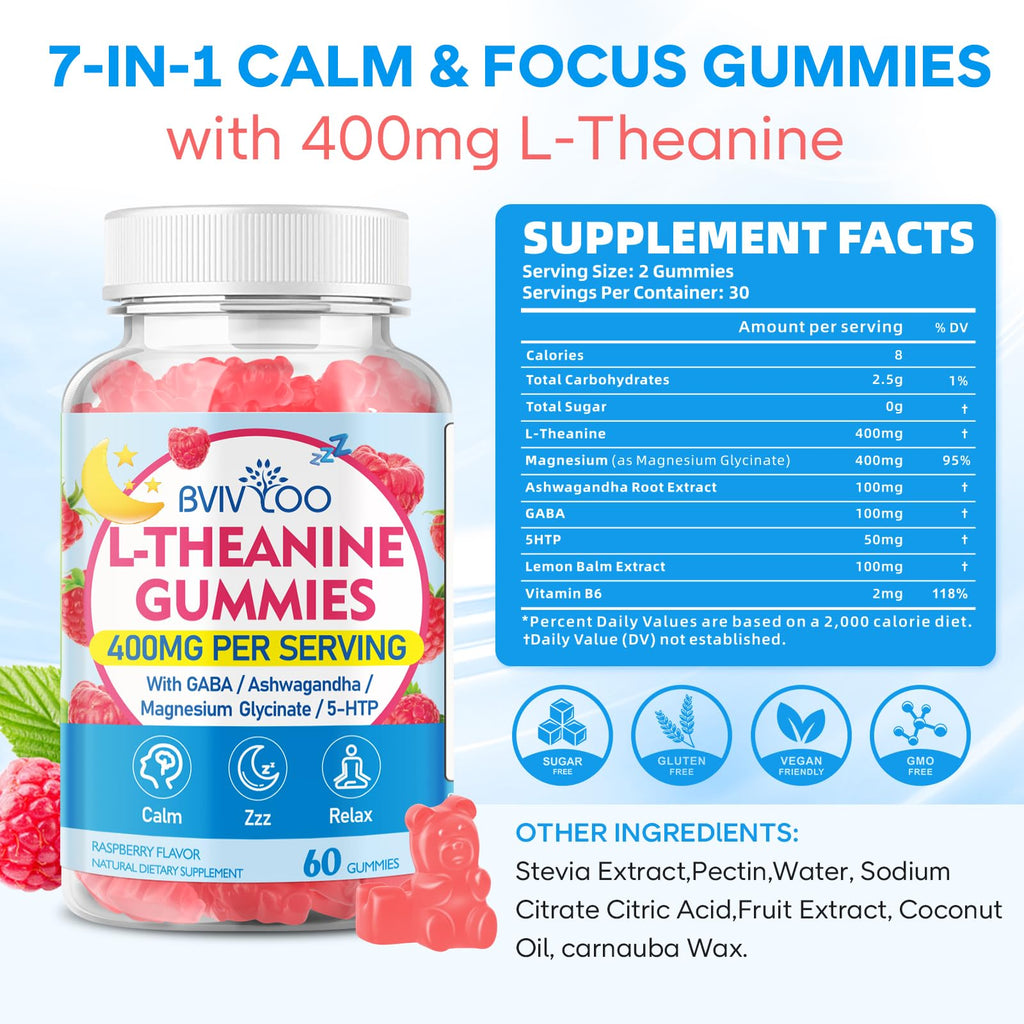 BVIVLOO L-Theanine Gummies with L-Theanine 400 mg, Ashwagandha, GABA, 5-HTP, Magnesium Glycinate for Calm, ZZZ & Relaxation Support - Vegan, Raspberry Flavor, 120 Count