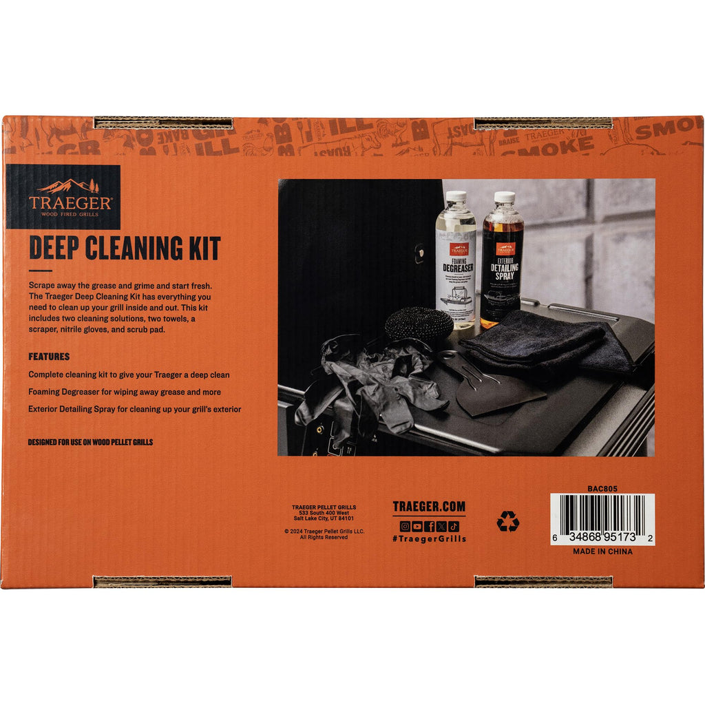 Traeger Grills Deep Cleaning Kit - Exterior Detailing Spray (16oz), Foaming Degreaser (16oz), Grill Scraper & Pad, Microfiber Towels, Nitrile Gloves - Tools for cleaning Grill, Smoker, Oven, Griddle
